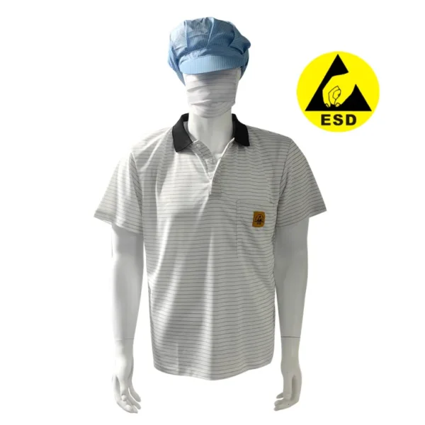 Camisetas ESD de laboratorio, POLO antiestático con rayas blancas de 7MM, 99% poliéster + 1% seda conductora, con símbolo ESD