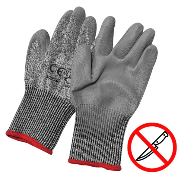 Protección de seguridad Guantes de construcción anticortes Guantes de trabajo resistentes a cortes recubiertos de PU Guantes anticortes de nivel 5 Cunas de dedo de tela