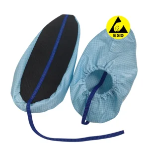 Cubierta antideslizante antiestática ESD azul para laboratorio de sala limpia, suela antideslizante negra con cinta conductora azul cosida
