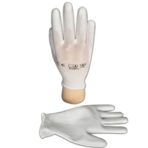 Ensamblaje de la industria de la construcción Guantes de PU de punto de seguridad para el trabajo recubiertos con ajuste de palma de poliéster blanco ESD / Guantes para salas limpias