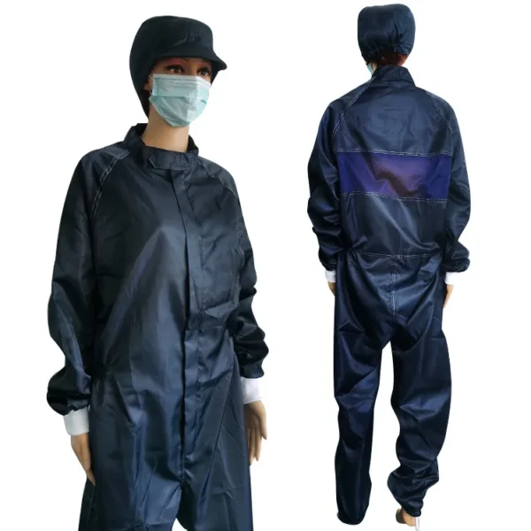 Excelente calidad 98% Poliéster + 2% Filamento de carbono conductivo 5 mm Diseño de rejilla ESD Overol de trabajo antiestático Overol - Image 2
