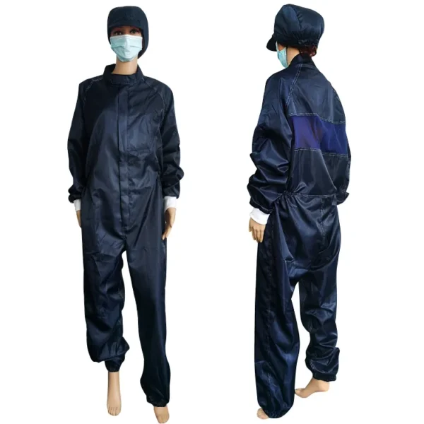 Excelente calidad 98% Poliéster + 2% Filamento de carbono conductivo 5 mm Diseño de rejilla ESD Overol de trabajo antiestático Overol - Image 3