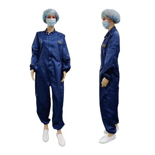 Overol de sala limpia antiestático azul oscuro impermeable a rayas de 5 mm sin capucha